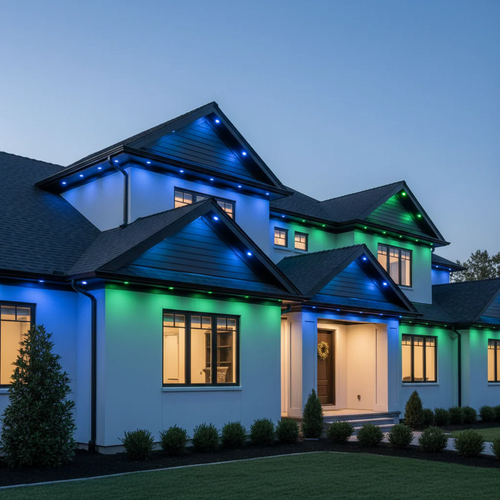 Modern house exterior with blue and green lighting at dusk
