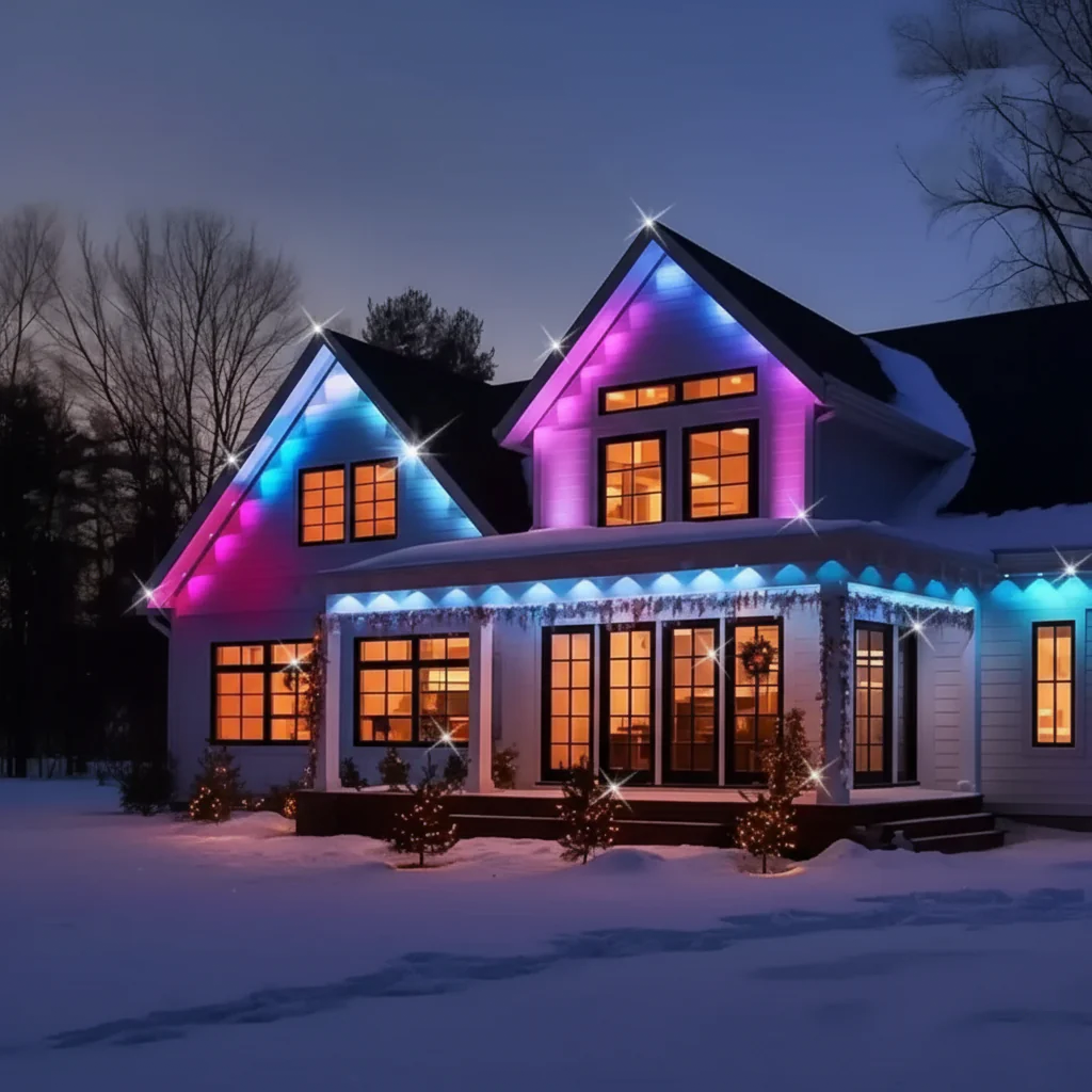 House with colorful lights on a snowy night