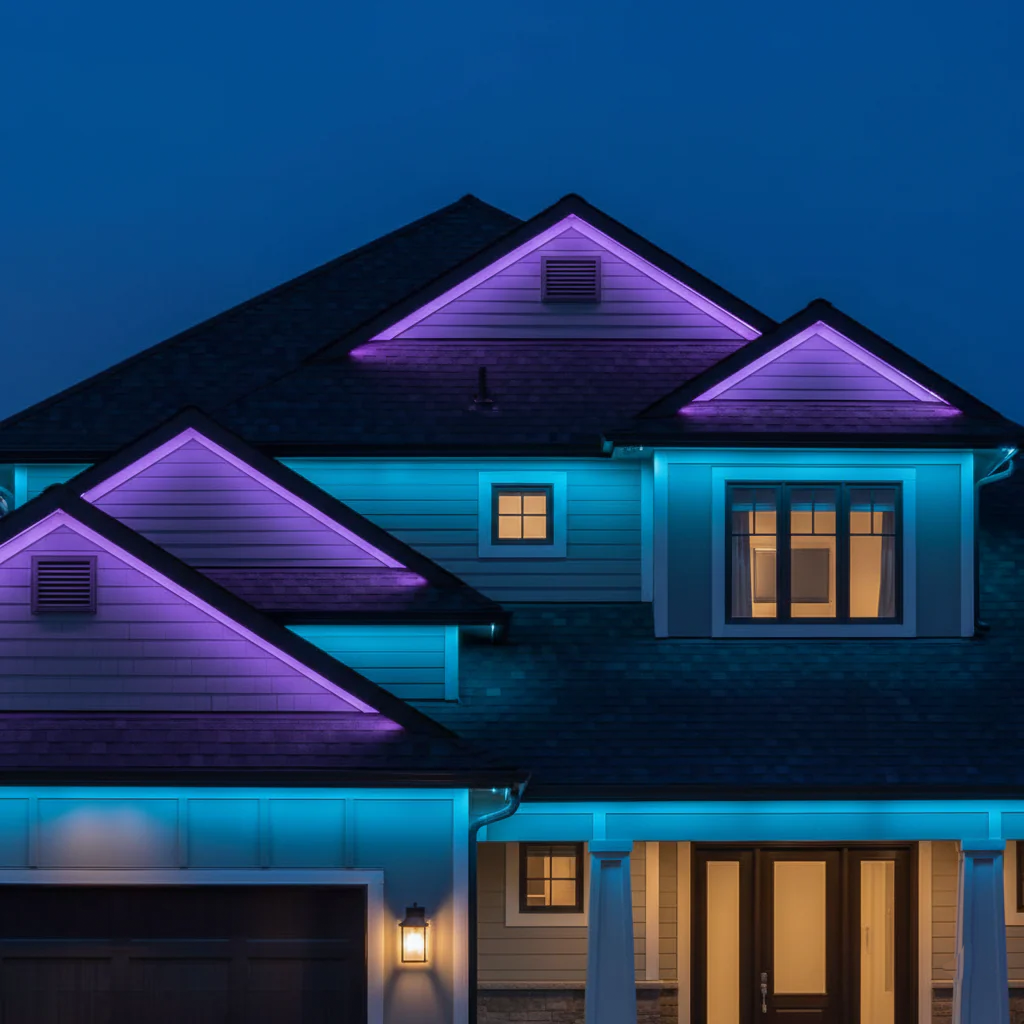 House exterior with purple and blue lighting at night