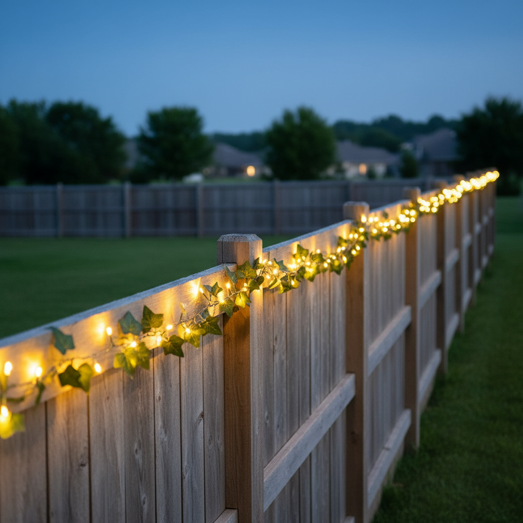 String lights on a wooden fence with a blurred background of trees and houses.