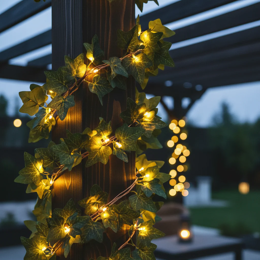 Decorative wreath with lights and leaves on a wooden post at night.