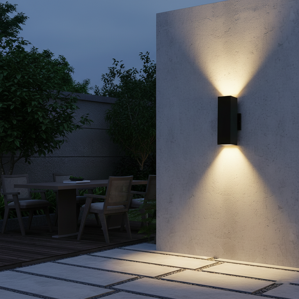 Outdoor wall light fixture on a building exterior with patio and trees in the background
