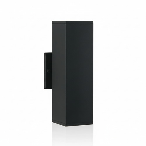Black rectangular wall light fixture on a white background