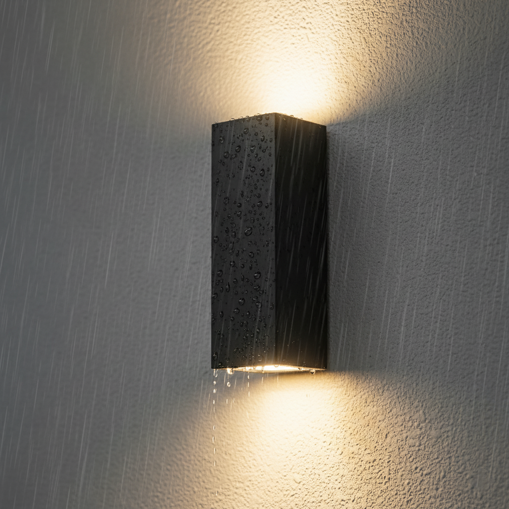 Black wall-mounted light fixture on a textured gray wall