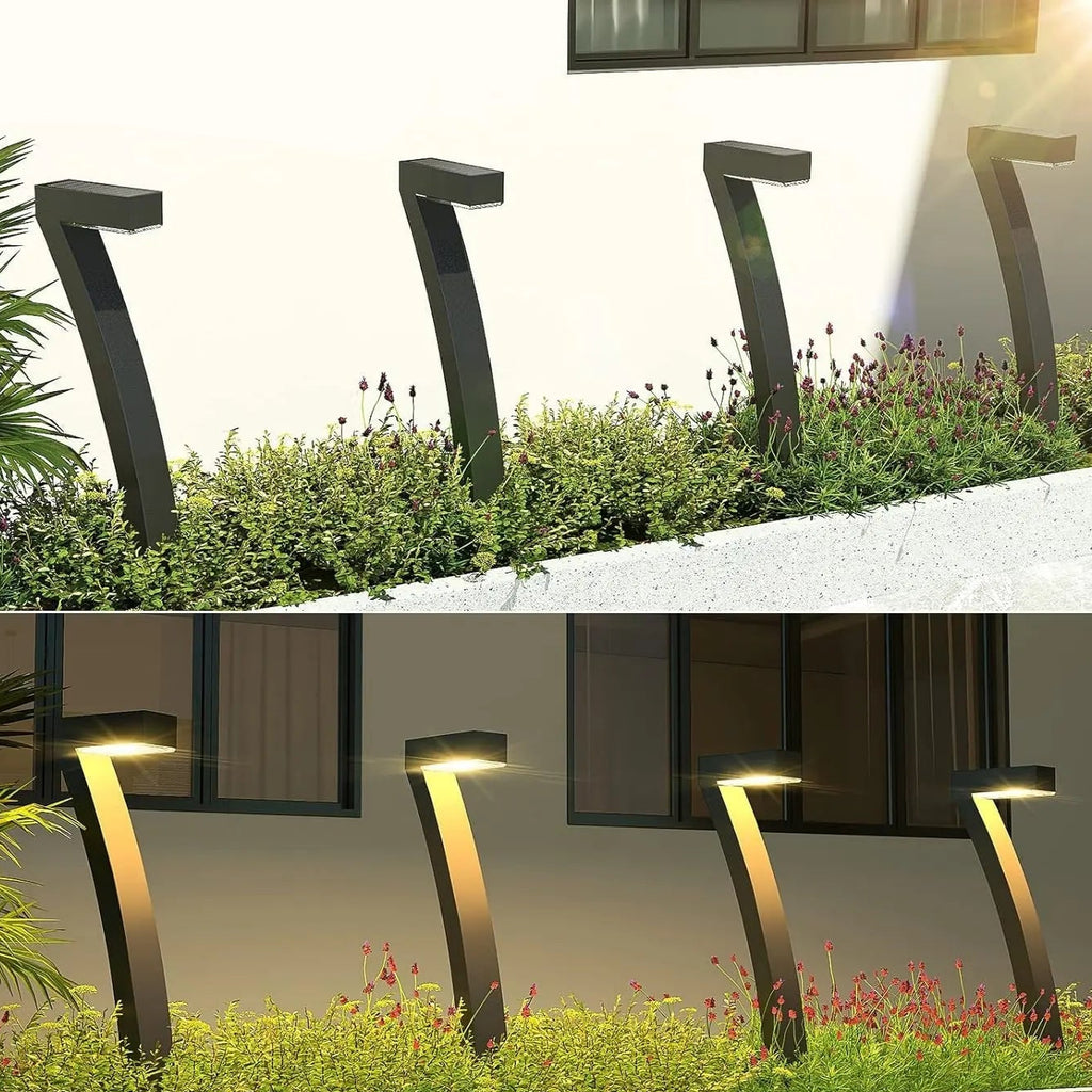 Outdoor garden lights shown during the day and night with charging and lighting times displayed.
