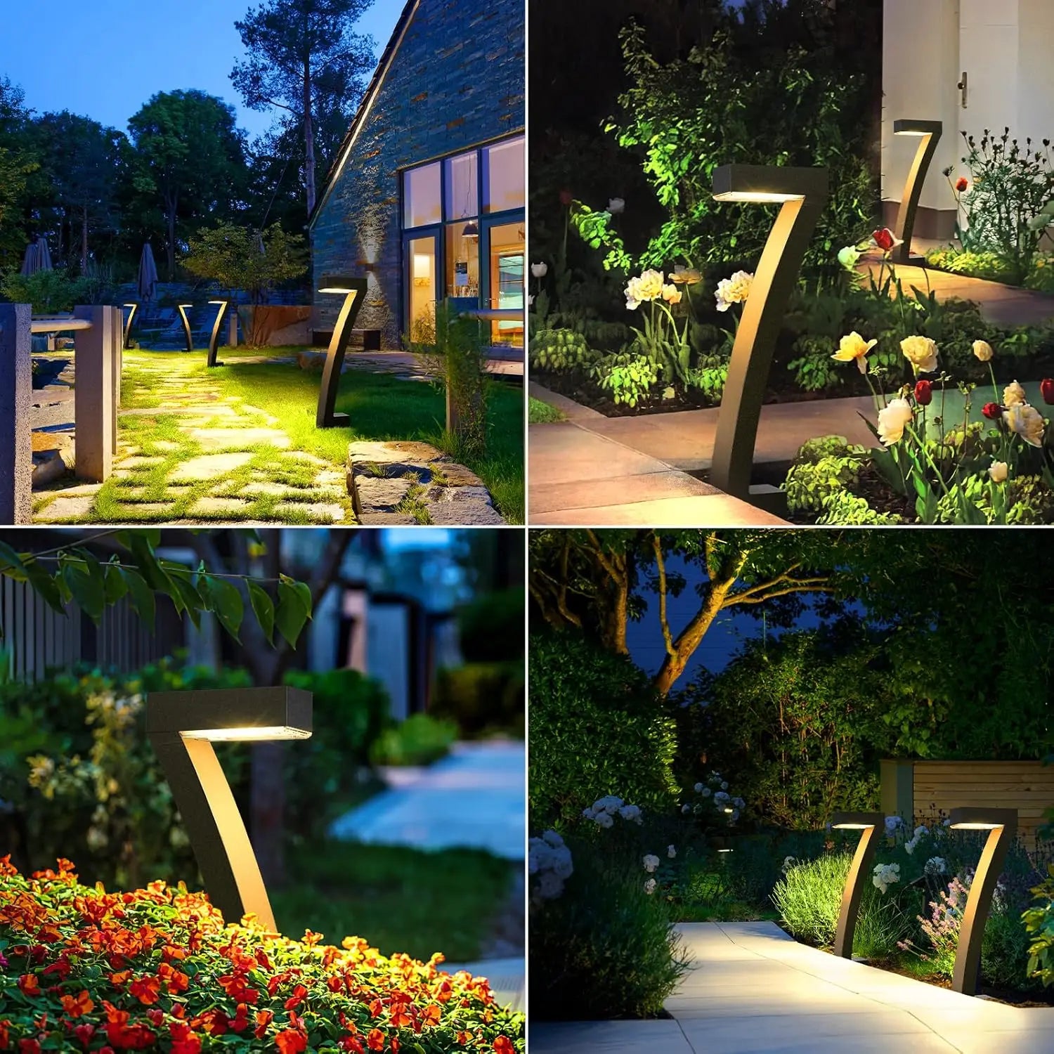 Collage of outdoor garden lights in various settings