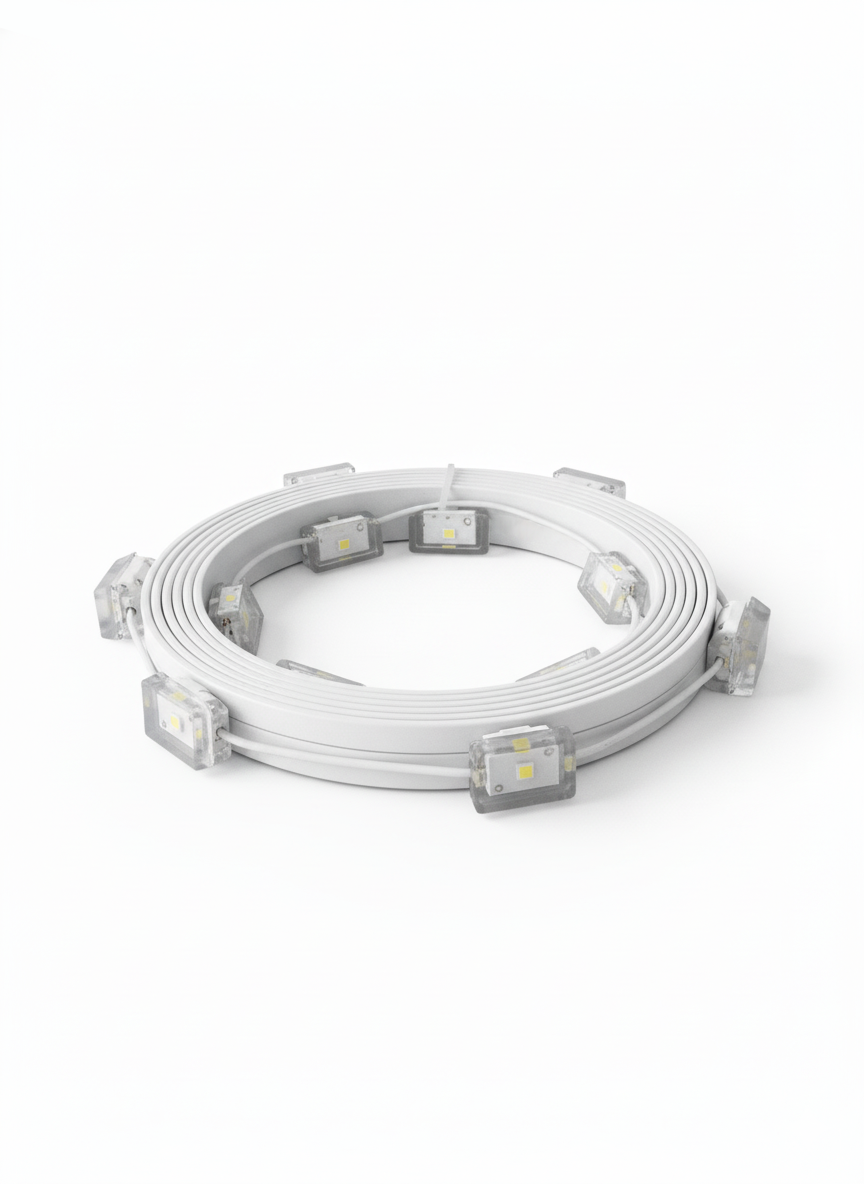 Roll of LED strip lights on a white background