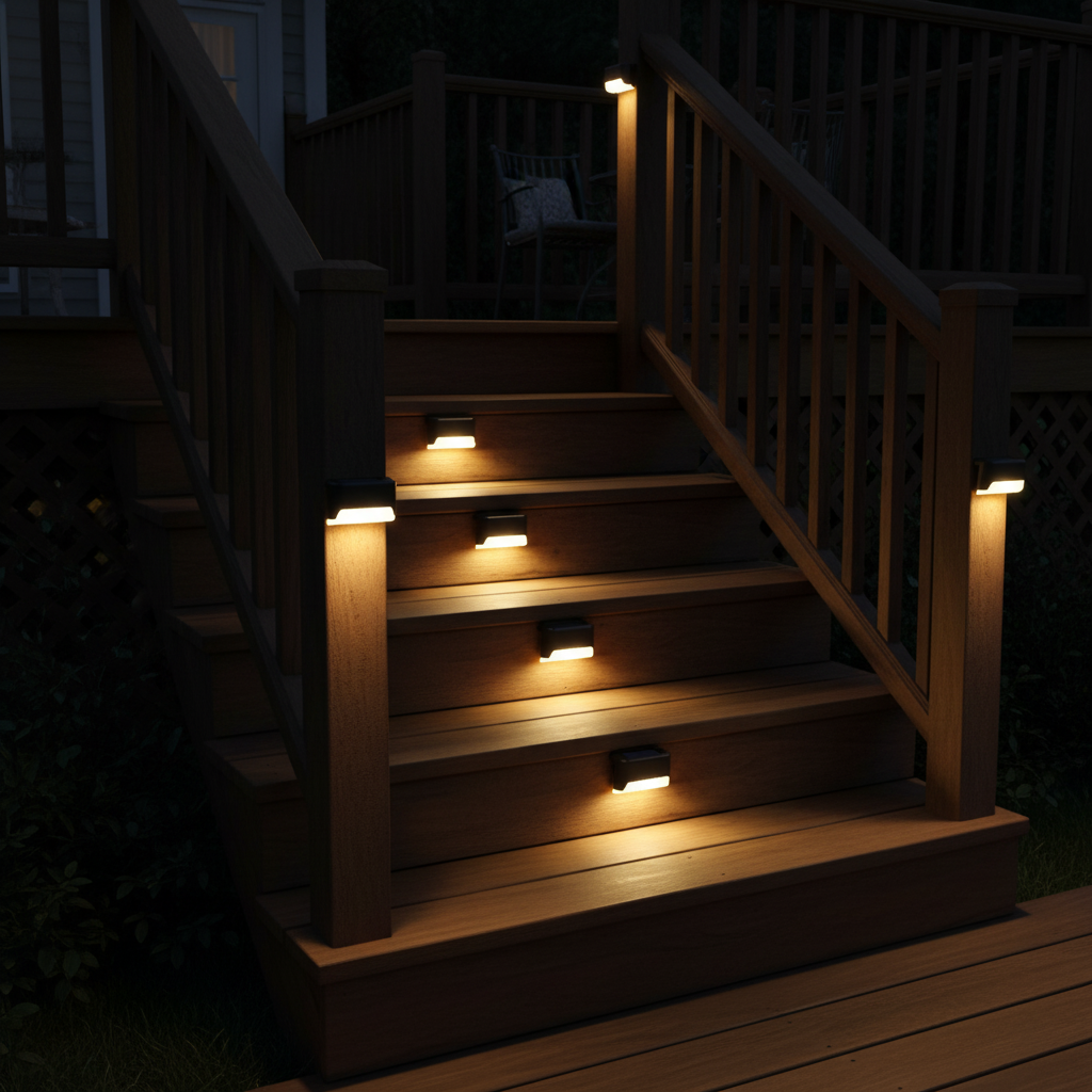 Wooden staircase with solar lights illuminating the steps at night.