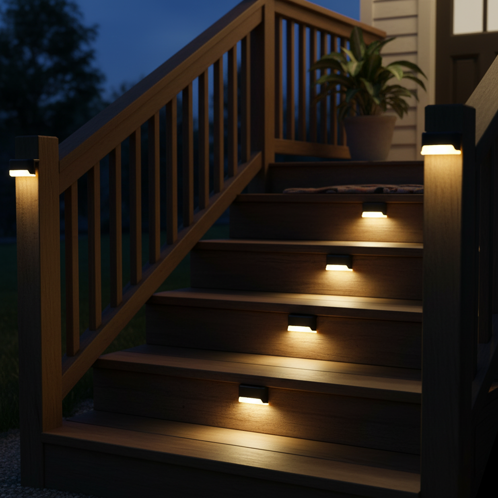 Wooden staircase with built-in lights at night