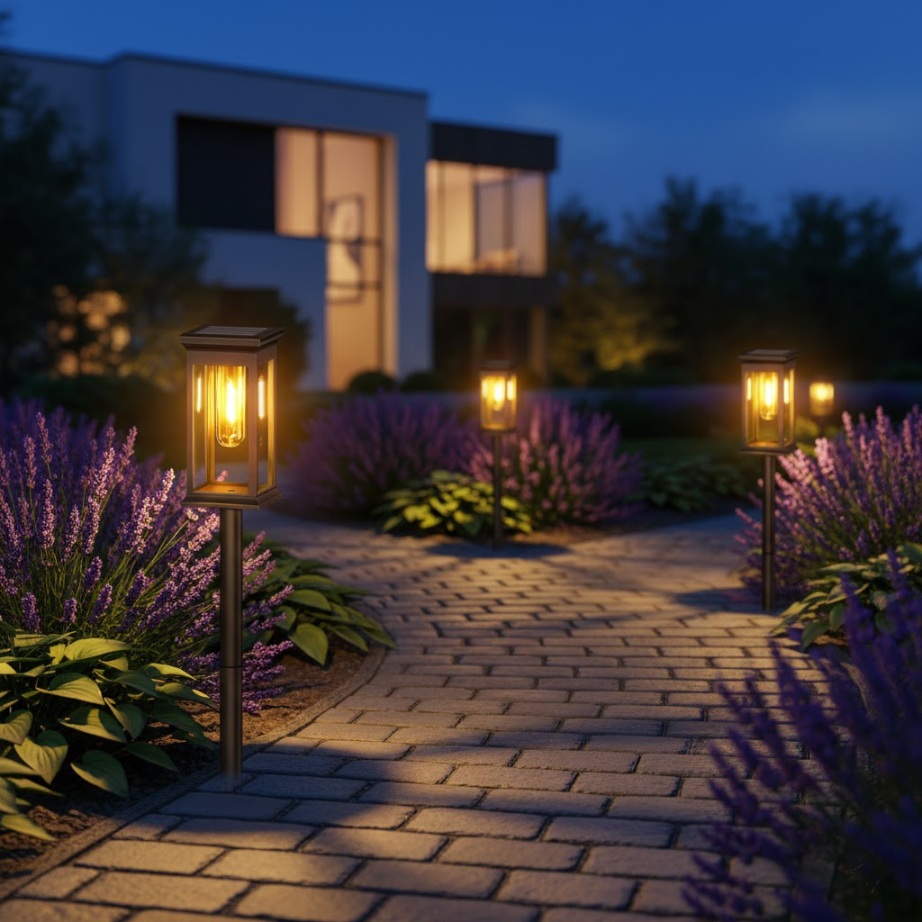 Glowing outdoor lanterns on a brick pathway with lavender plants at night.