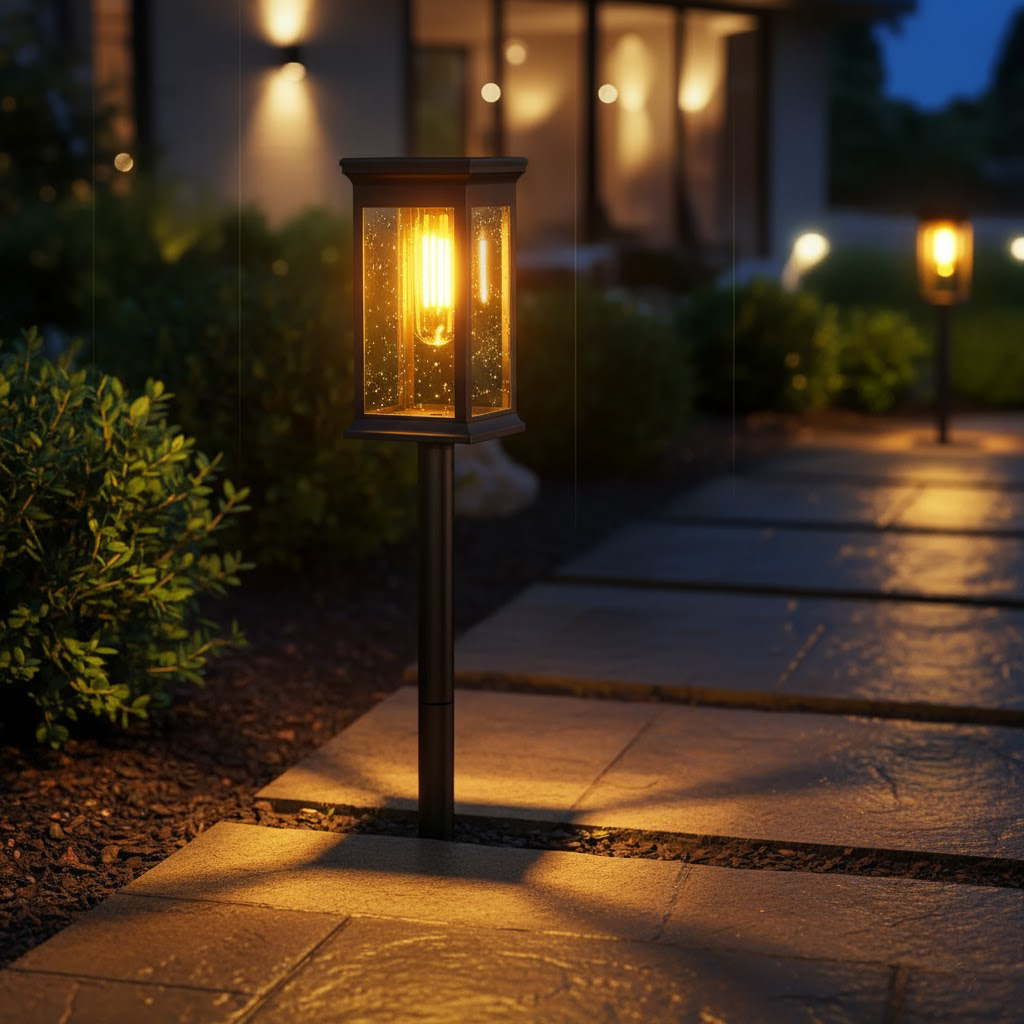 Glowing outdoor lamp on a stone pathway with a blurred background