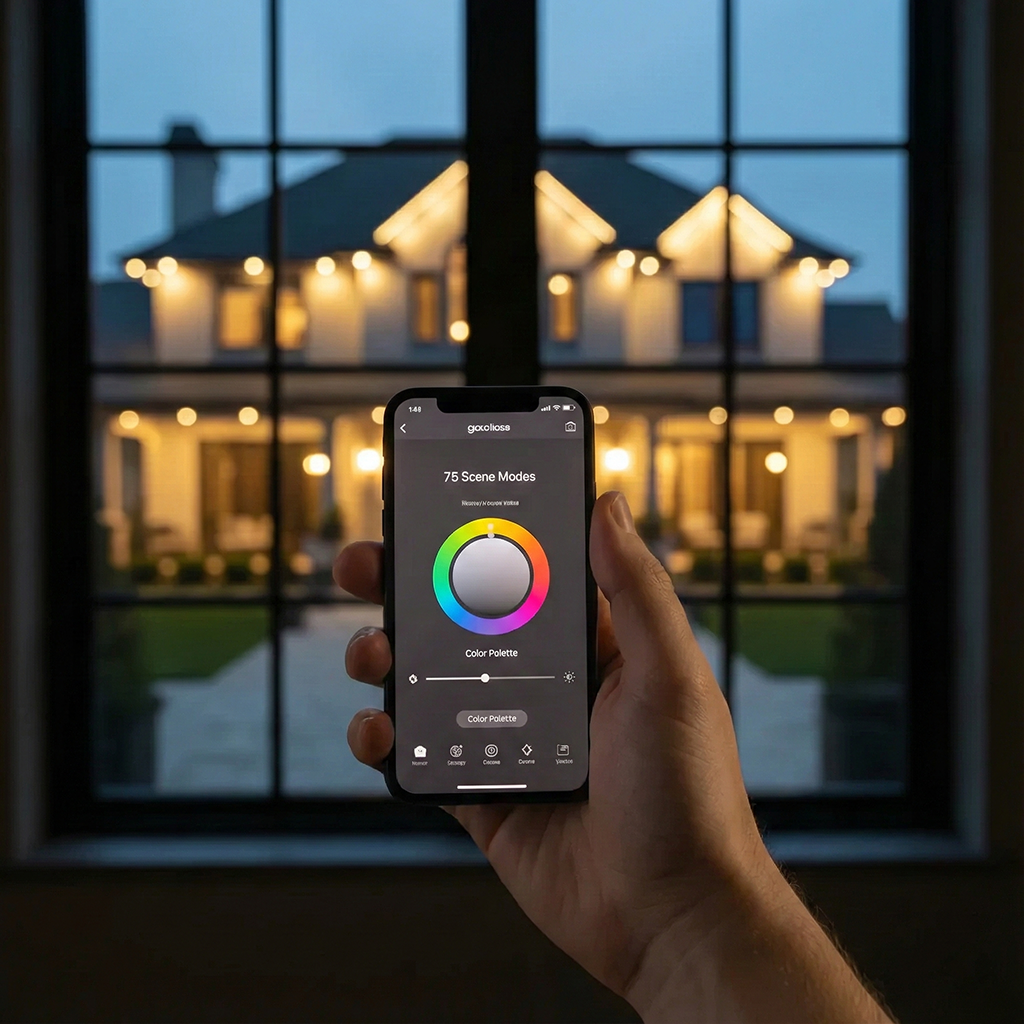 Hand holding a smartphone with a home automation app displayed, showing a house exterior at night.