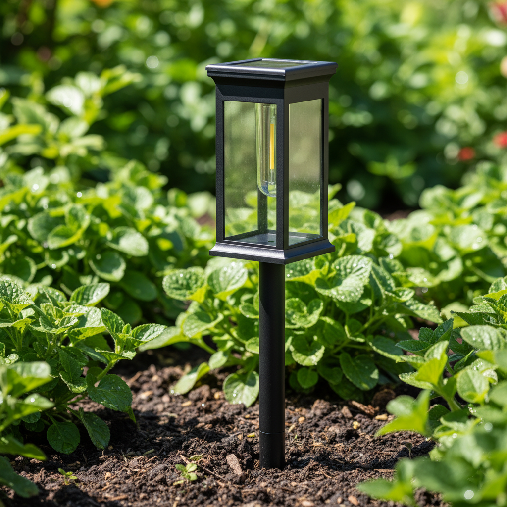 Black solar garden light in a garden setting