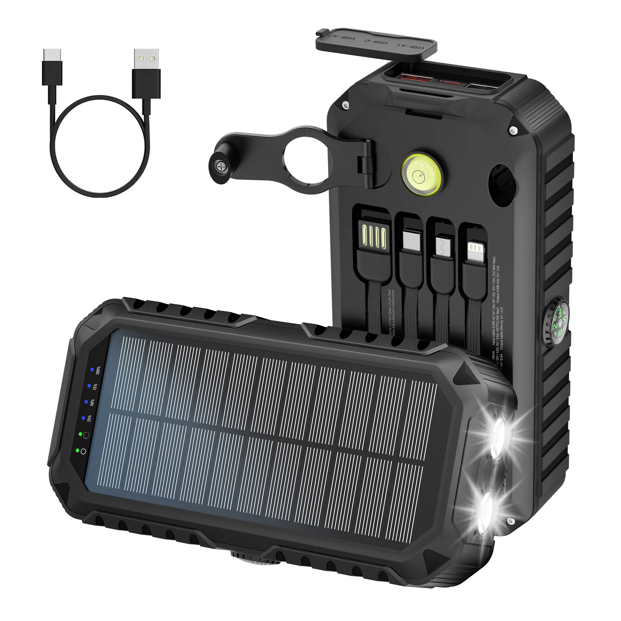 40,000mAh Solar Power Bank with Hand Crank, 4 Built-in Cables, Compass, Level & LED Flashlight - Ultimate Portable Charger for Camping Adventures