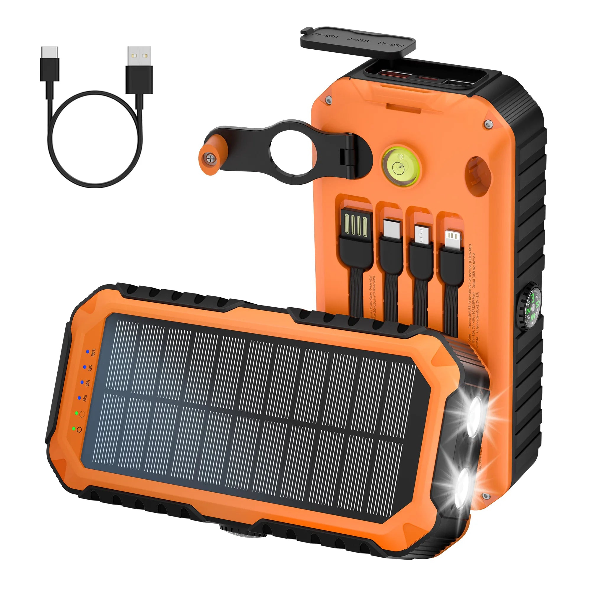 40,000mAh Solar Power Bank with Hand Crank, 4 Built-in Cables, Compass, Level & LED Flashlight - Ultimate Portable Charger for Camping Adventures