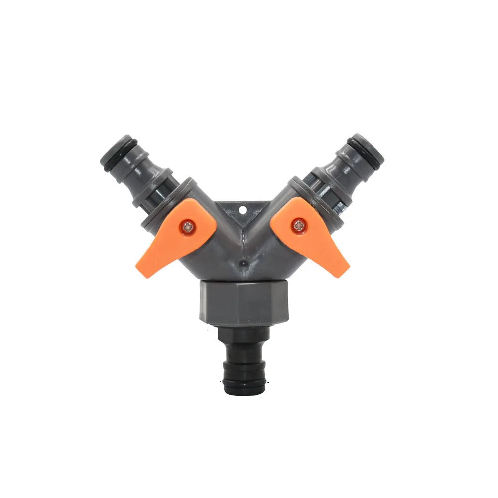 Adjustable 2-Way Garden Hose Splitter with 1/2 & 3/4 Inch Threads - Dual Outlet Watering Connector with Switch