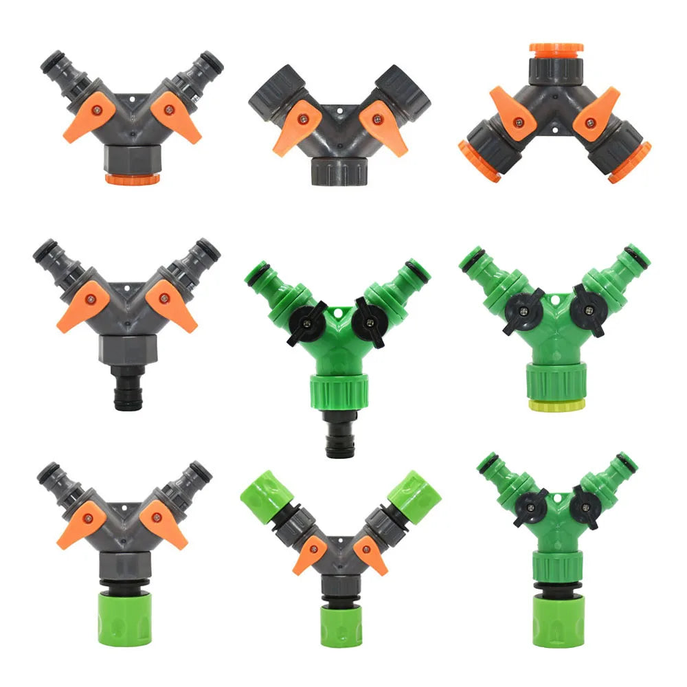 Adjustable 2-Way Garden Hose Splitter with 1/2 & 3/4 Inch Threads - Dual Outlet Watering Connector with Switch