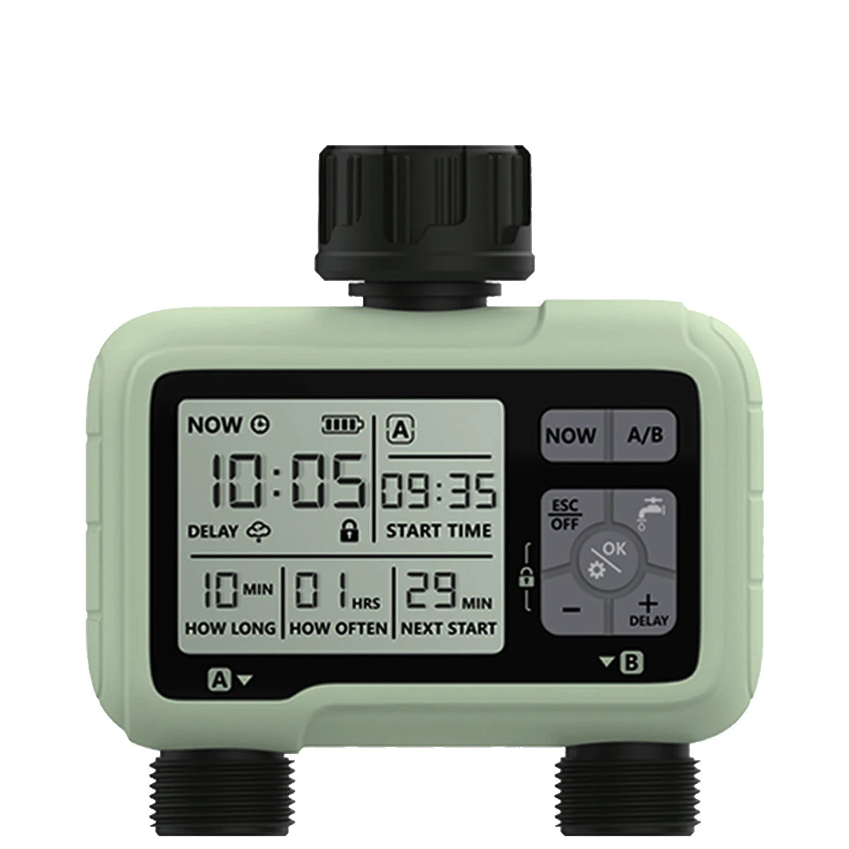 Digital timer with a green casing and black components on a white background, featuring the brand 'Eshico'.