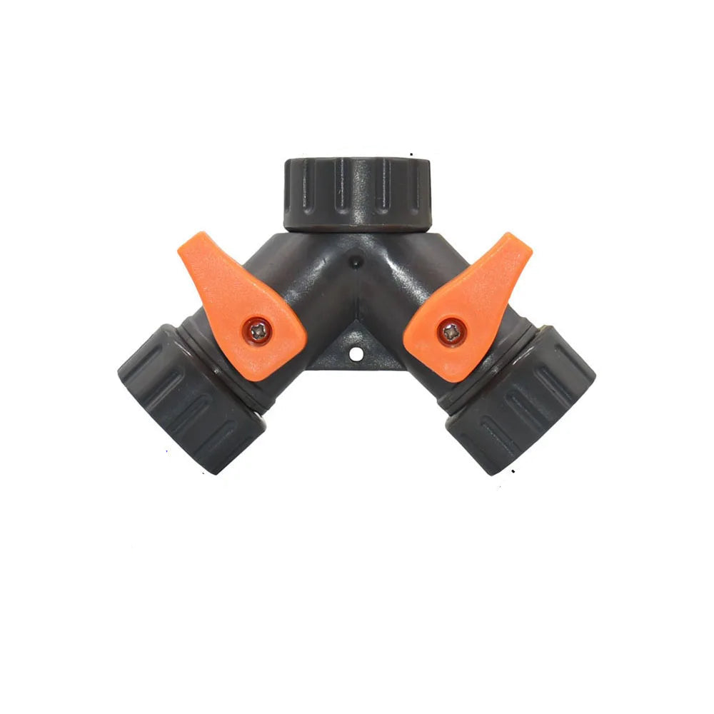 Adjustable 2-Way Garden Hose Splitter with 1/2 & 3/4 Inch Threads - Dual Outlet Watering Connector with Switch