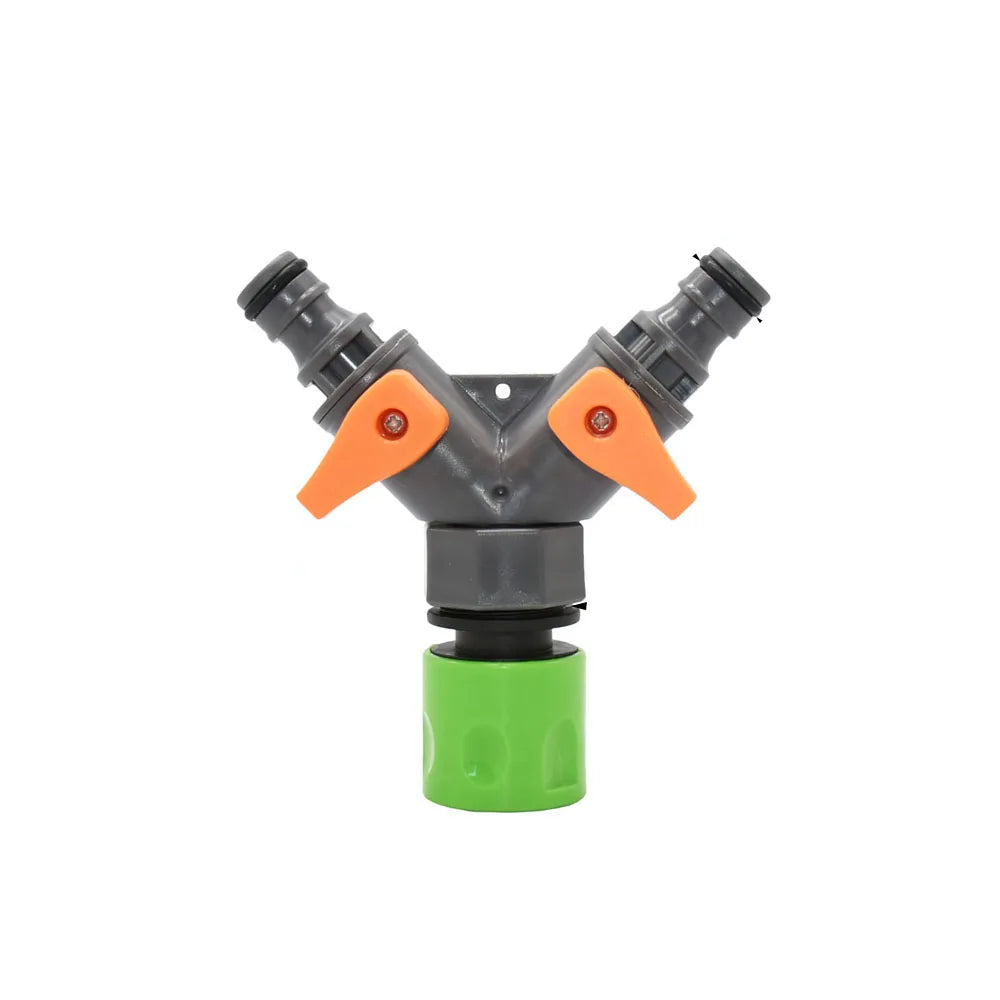 Adjustable 2-Way Garden Hose Splitter with 1/2 & 3/4 Inch Threads - Dual Outlet Watering Connector with Switch
