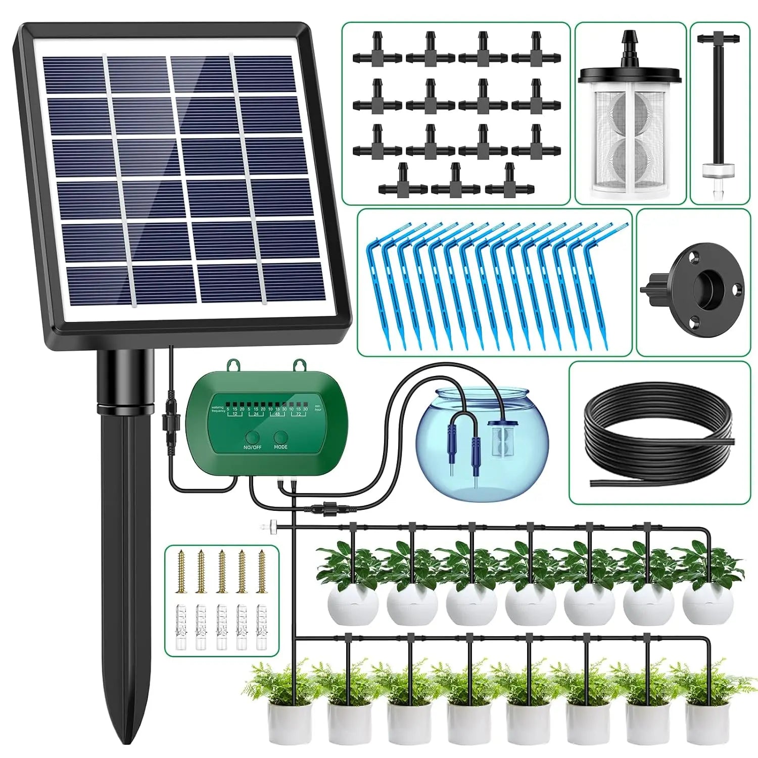 Solar-Powered Automatic Garden Watering System with 15m Hose & Timer - Ideal for Hassle-Free Irrigation During Vacations