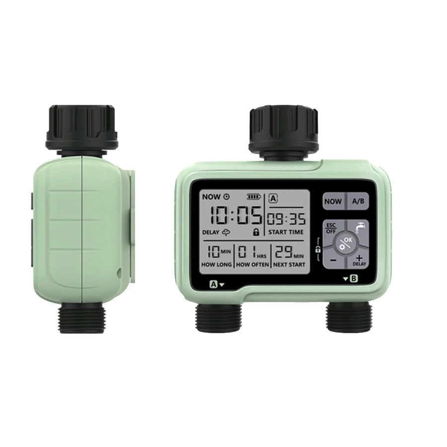 Digital timer with display and control buttons, shown from two angles with dimensions indicated.