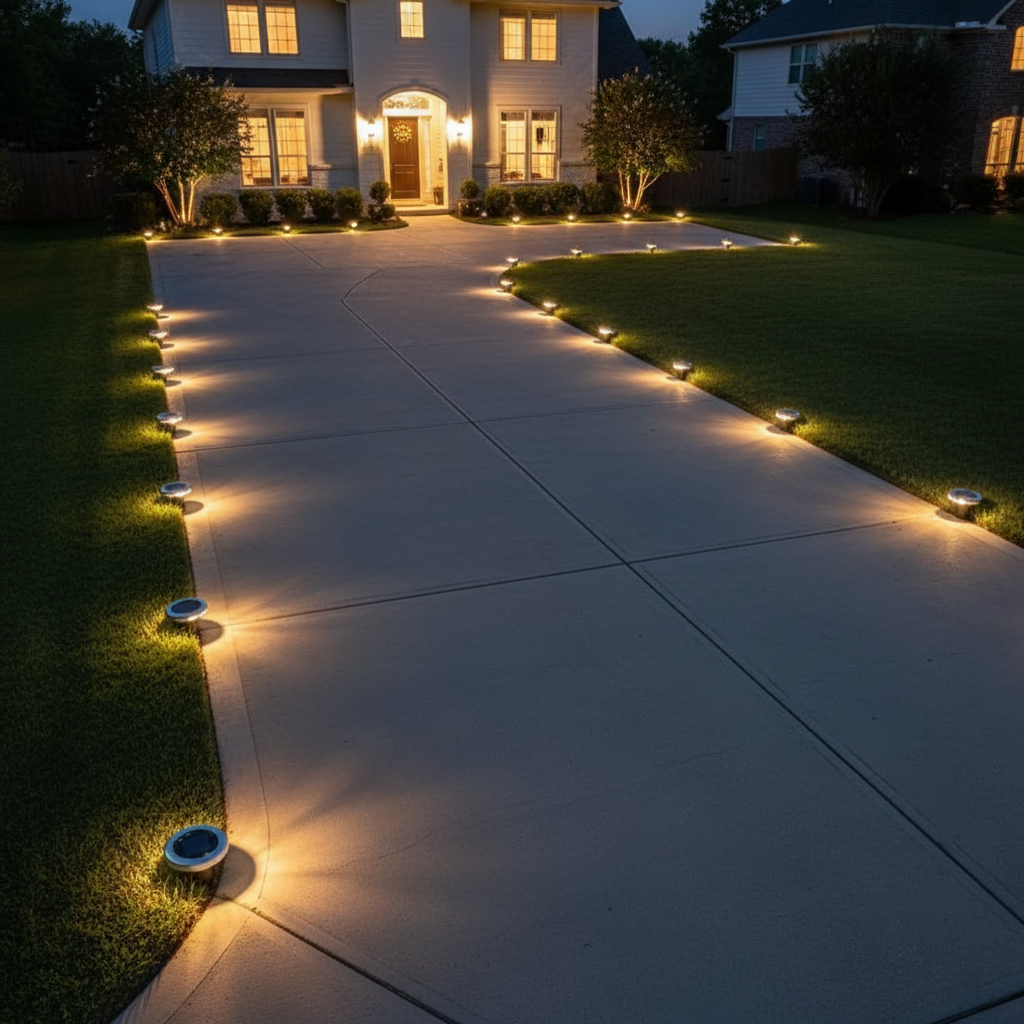 Pathway with solar lights illuminating a driveway leading to a house at night.