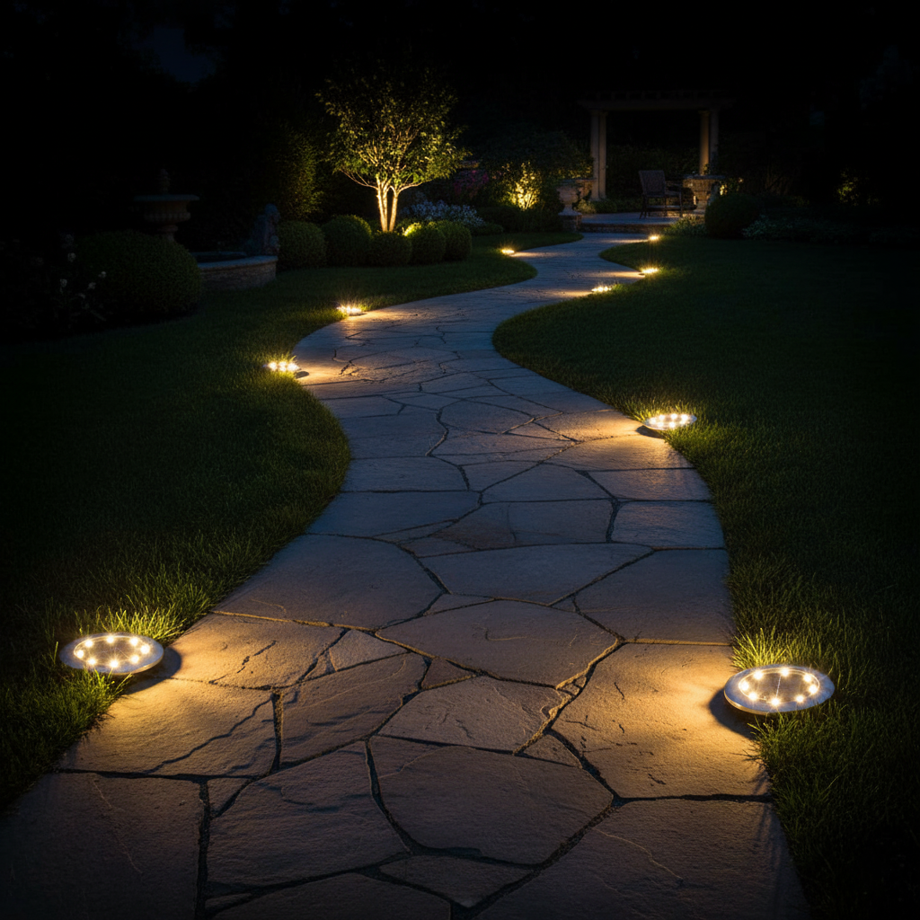 Winding stone pathway illuminated by outdoor lights in a garden at night.