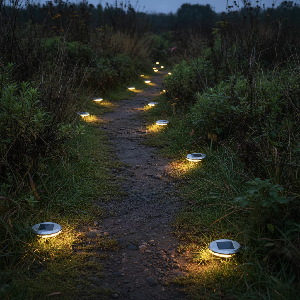 Pathway illuminated by solar-powered lights in a dark outdoor setting