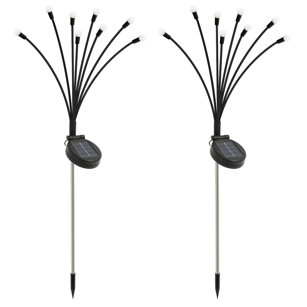 Two solar-powered outdoor lights with black flexible arms on white background