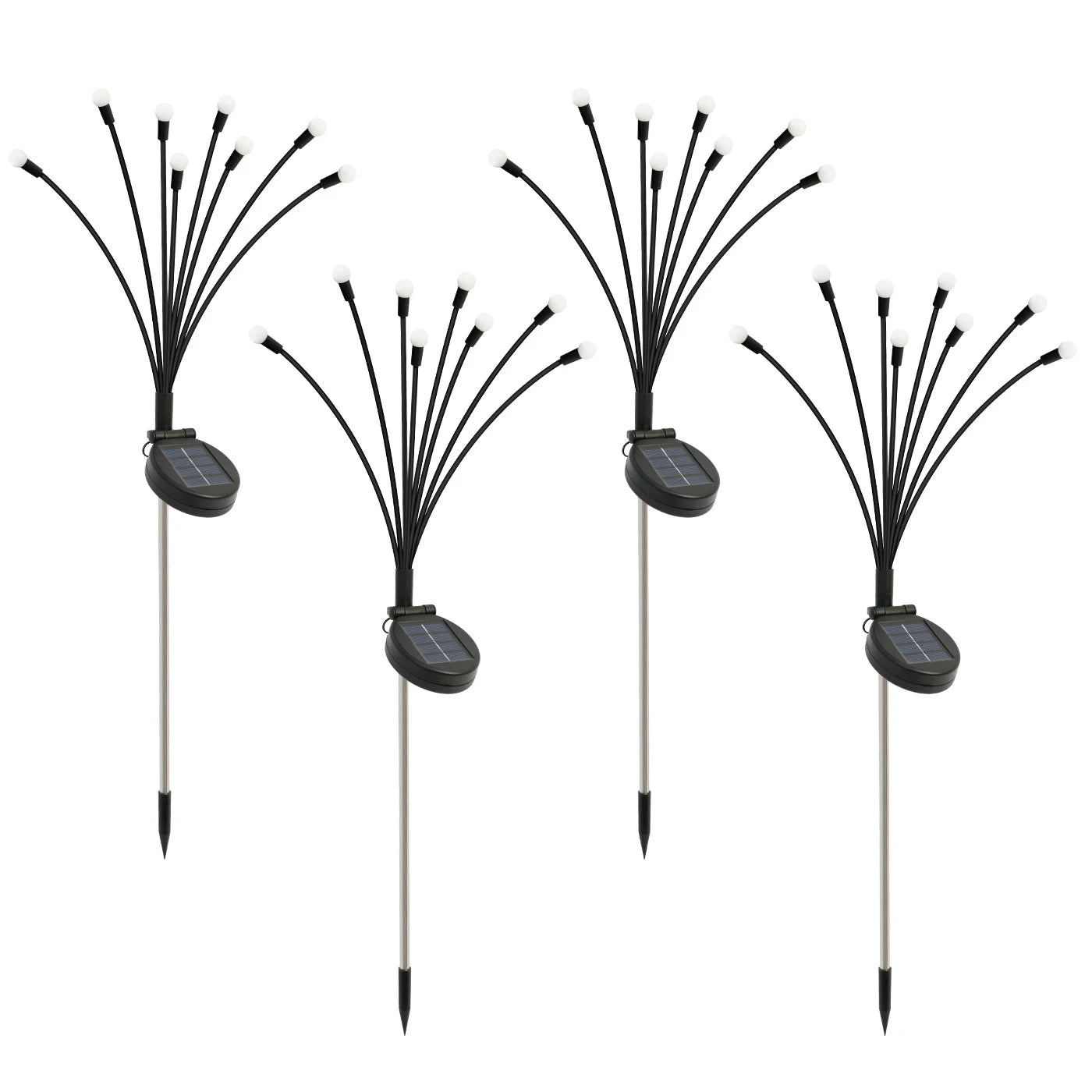 Four solar-powered garden lights with black flexible arms on white background