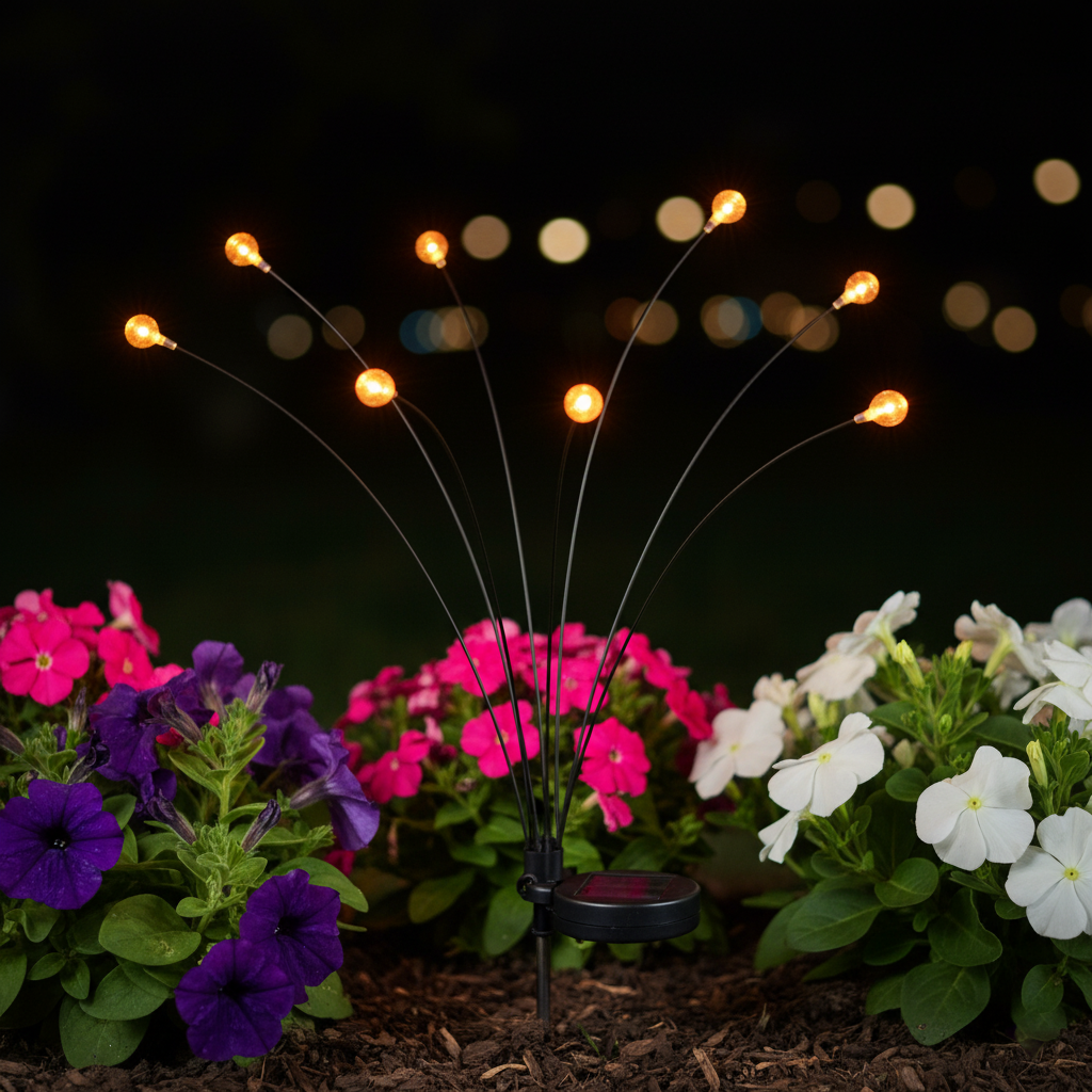 Solar garden light with colorful flowers in the background