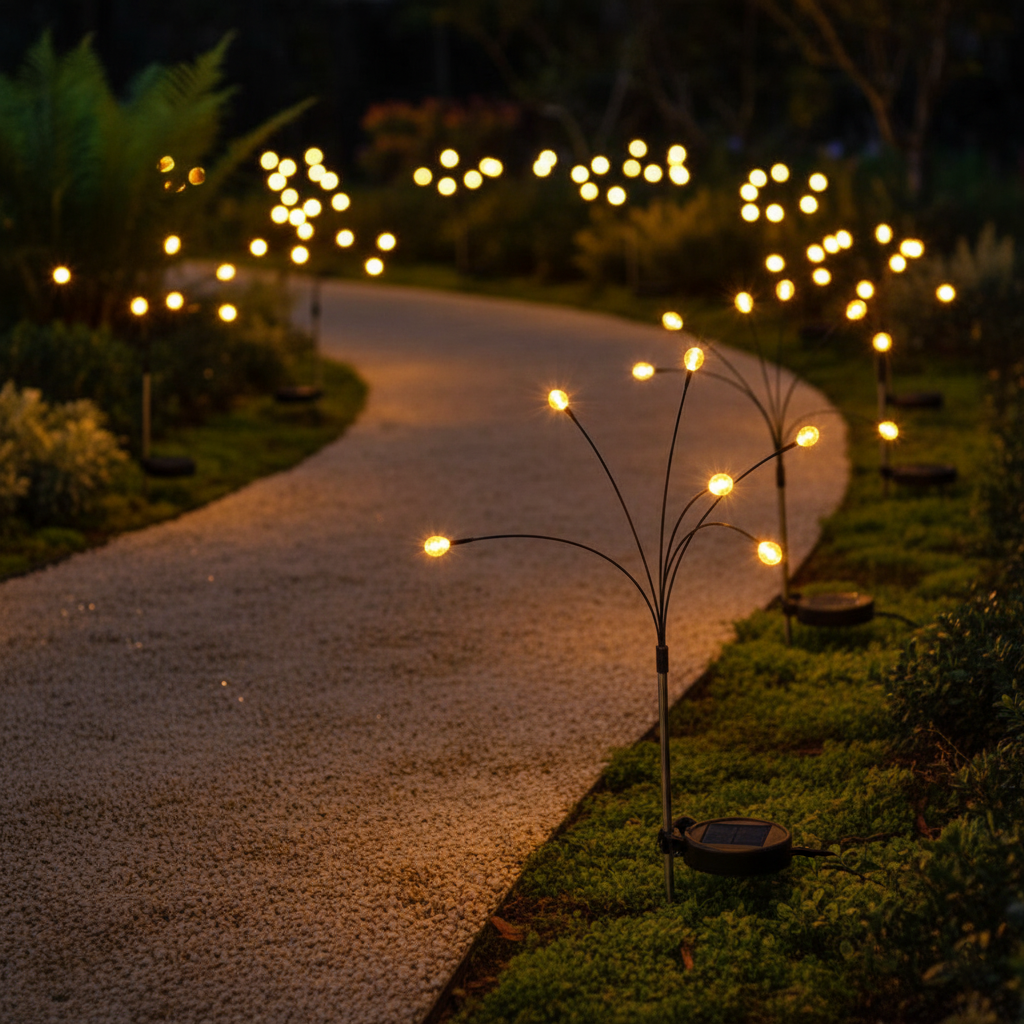 Glowing string lights and solar-powered outdoor lamps on a garden path at night.