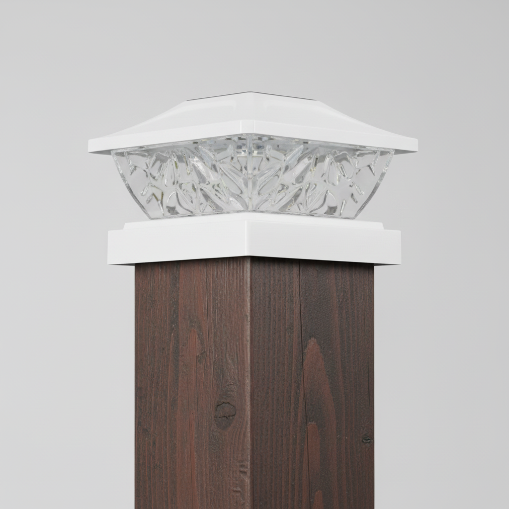 Wooden post with a white decorative cap on a gray background
