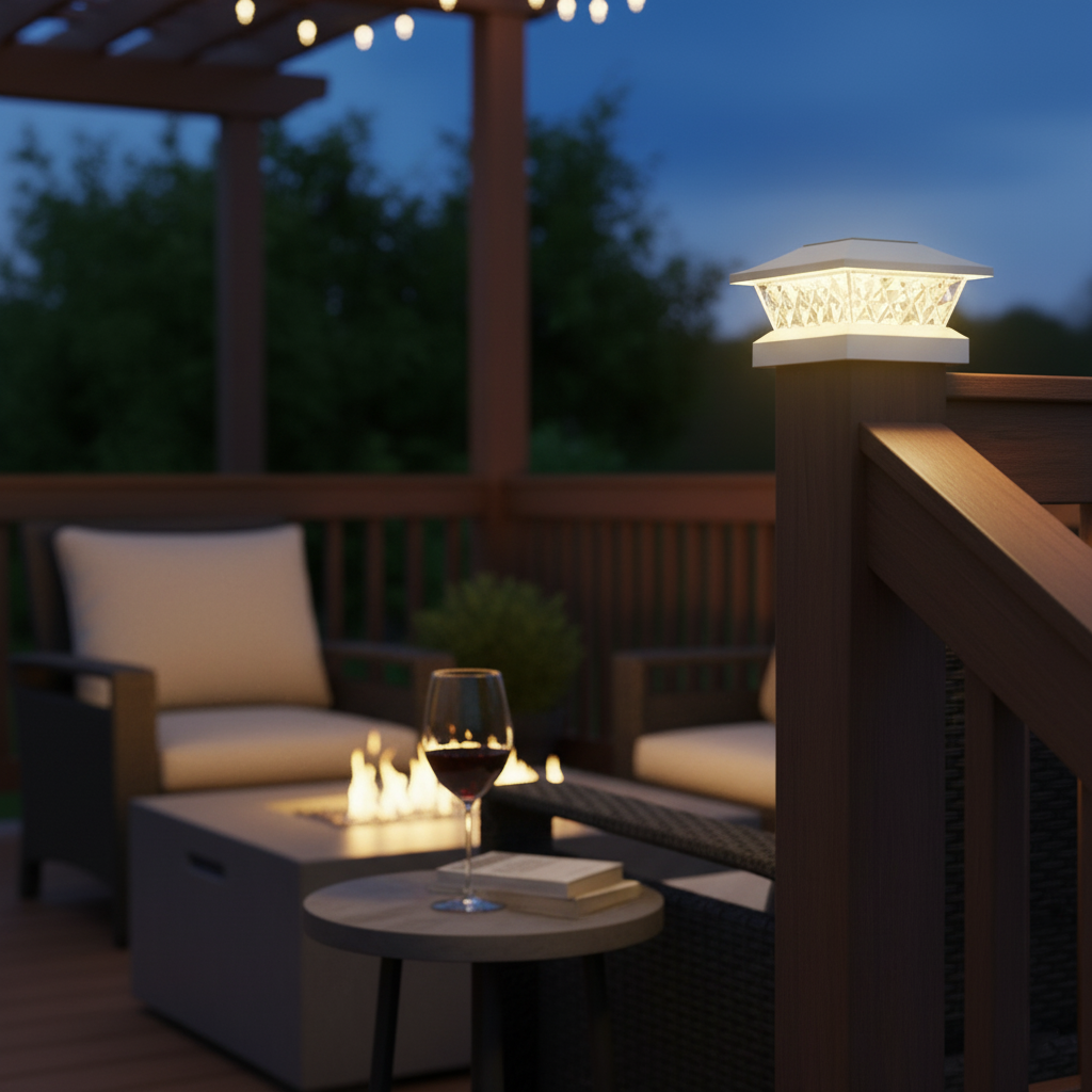Outdoor patio setting with a lit lantern, glass of wine, and books on a table at dusk.