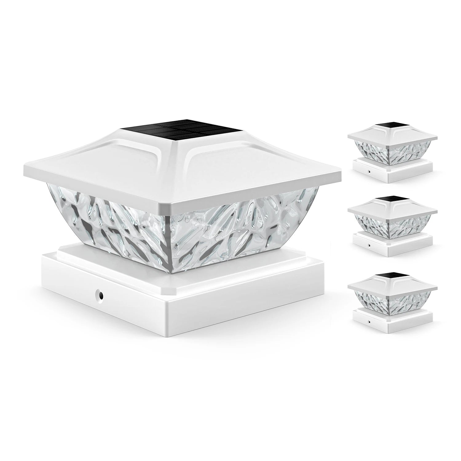 Solar-powered outdoor light fixture with decorative pattern on a white background