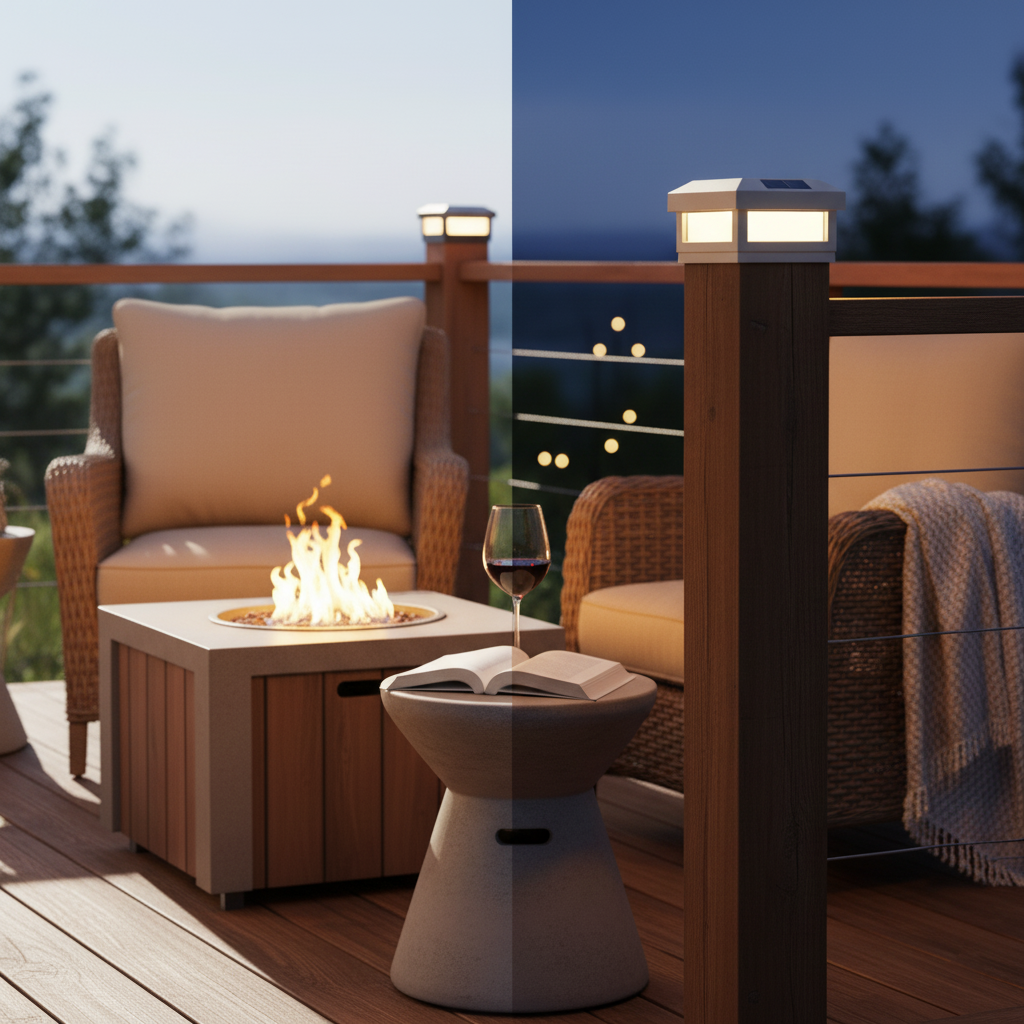 Outdoor deck with fire pit, chairs, and table under a clear sky.
