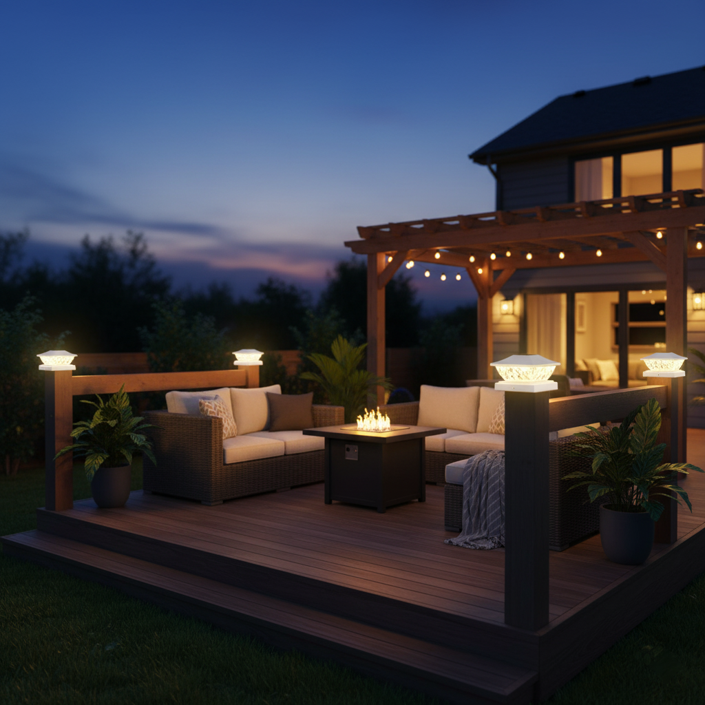 Outdoor patio with wooden deck, seating area, and fire pit at dusk.