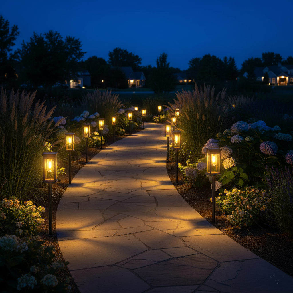 Glowing pathway lined with decorative lanterns at night
