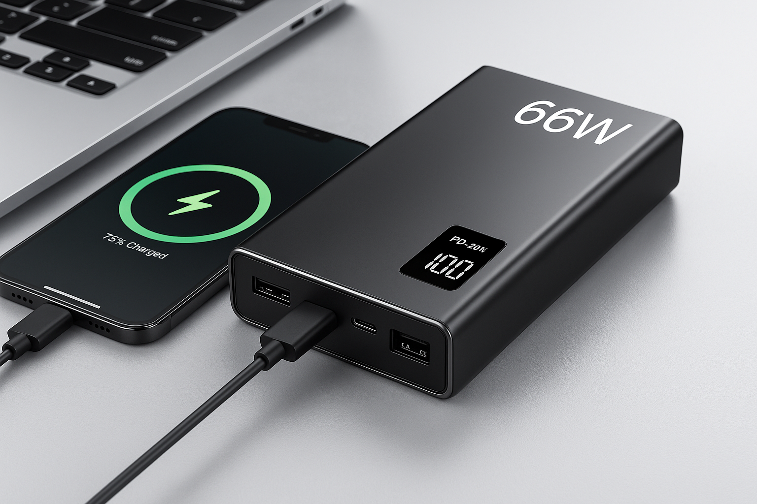 66W 20000mAh Portable Power Bank - Fast USB Charger with Two-Way Quick Charging for iPhone, Xiaomi, Huawei, and Samsung