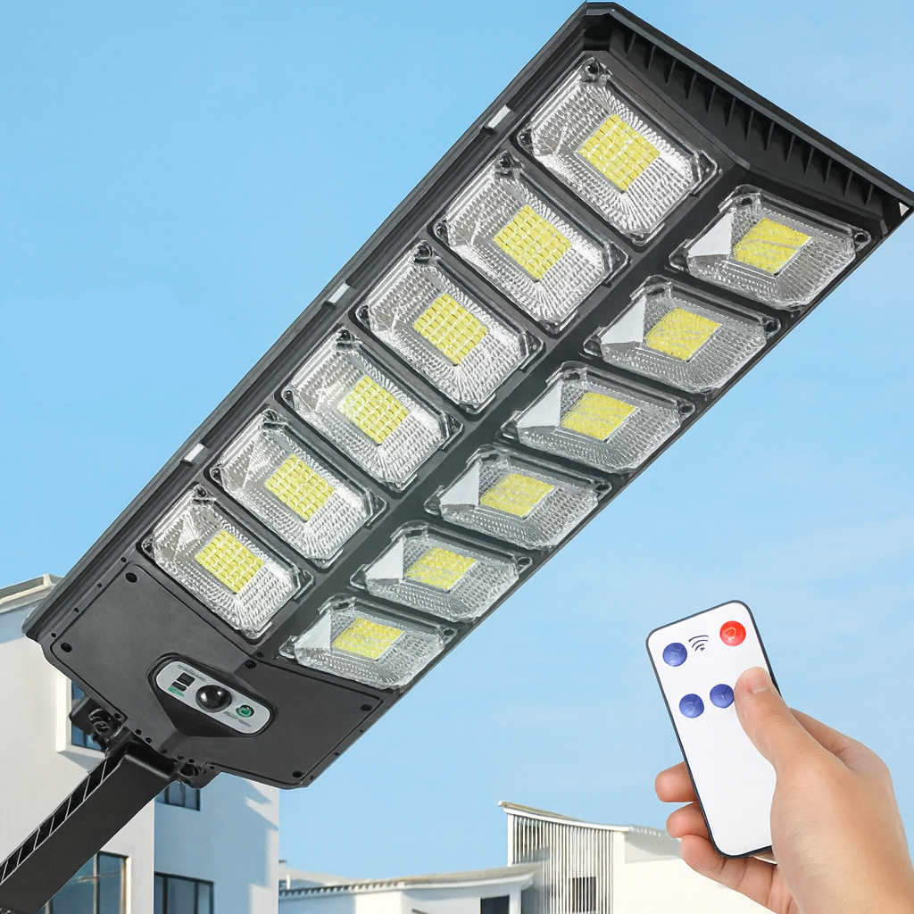 Solar street light with remote control against a clear blue sky