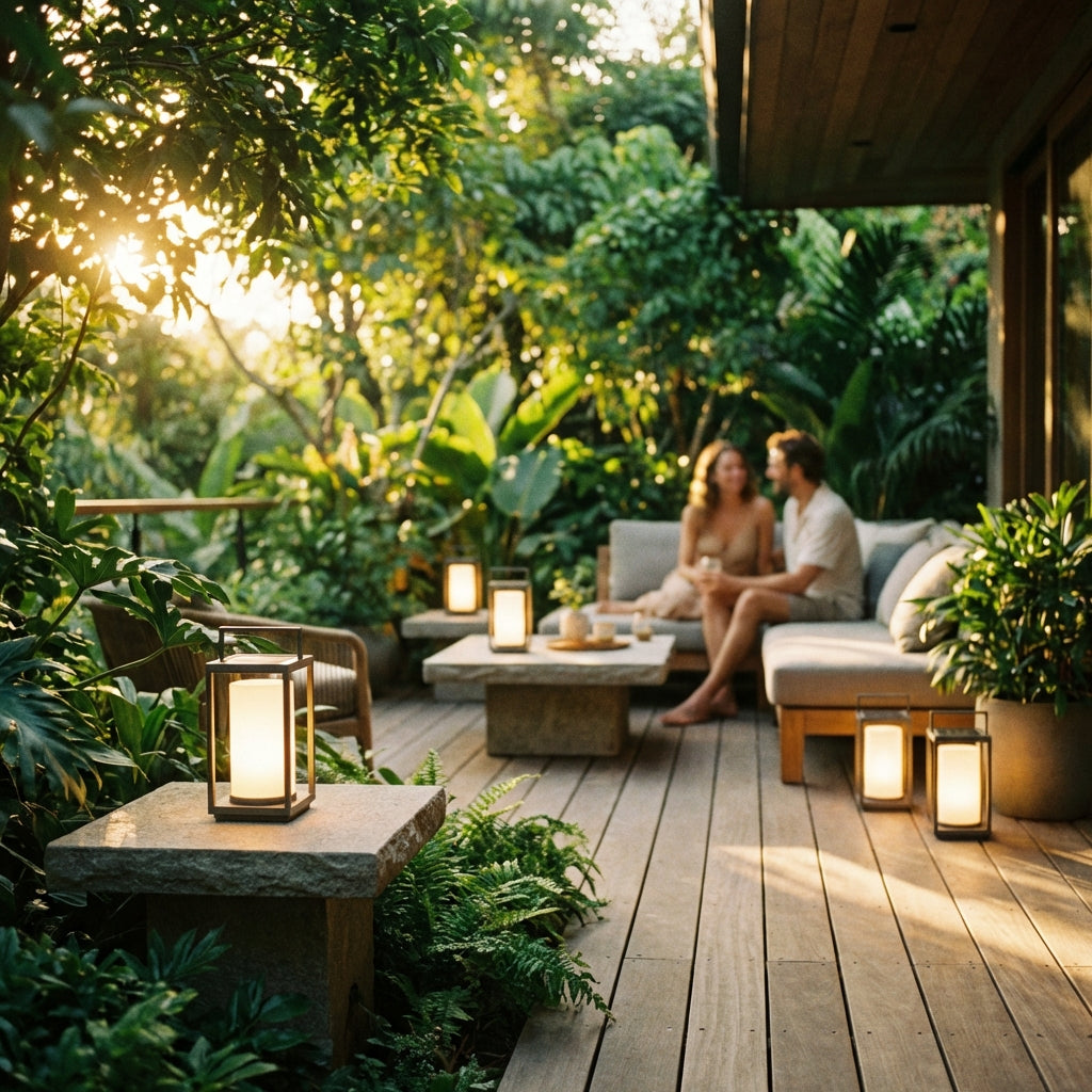 Inviting solar lit patio at dusk